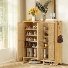 Bamboo Shoe Storage Cabinet Wooden Shoes Rack Organiser with 3 Rattan Doors