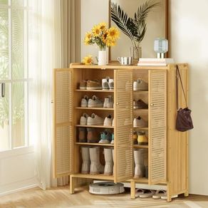 Bamboo Shoe Storage Cabinet Wooden Shoes Rack Organiser with 3 Rattan Doors