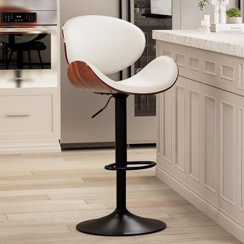 Bar Stools Made of Curved Wood, Set of 1, 360 Rotatable with Backrest and Footrest, PU Leather, Bar Stool, Bistro Stool, Kitchen Chairs, Modern Bar Chair for Bar, Kitchen, White