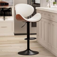 Bar Stools Made of Curved Wood, Set of 1, 360 Rotatable with Backrest and Footrest, PU Leather, Bar Stool, Bistro Stool, Kitchen Chairs, Modern Bar Chair for Bar, Kitchen, White