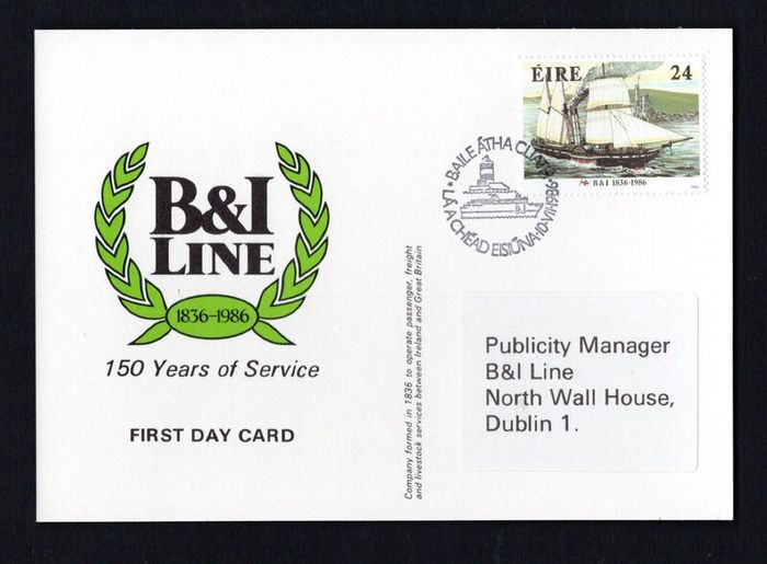 1986 Ireland Postcard Marking 150 years of Service of B&I Line addressed to Publicity Manager tying 24p B&I commemorative stamp with pictorial First Day of Issue Cancel