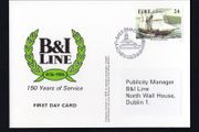 1986 Ireland Postcard Marking 150 years of Service of B&amp;I Line addressed to Publicity Manager tying 24p B&amp;I commemorative stamp with pictorial First Day of Issue Cancel