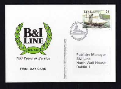 1986 Ireland Postcard Marking 150 years of Service of B&I Line addressed to Publicity Manager tying 24p B&I commemorative stamp with pictorial First Day of Issue Cancel
