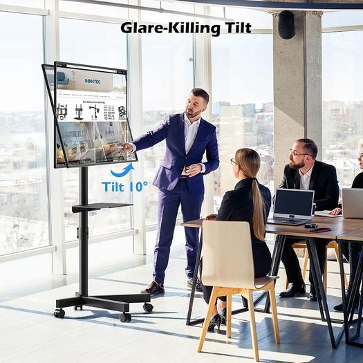 Mobile TV Stand on Wheels, Rolling TV Cart with Media Shelf, TV Mount Stand with Tilt, 2 Level Height Adjustable Low Profile Design for 23 60in LED/LCD/OLED TVs, Holds 25kg, Max VESA 400x400mm