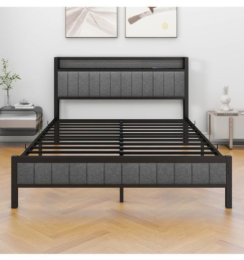 King Size Bed Frame with Storage and Headboard Shelf, Upholstered Bed