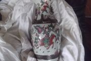 a large  antique chinese porcelain famille rose vase with chinese warrior