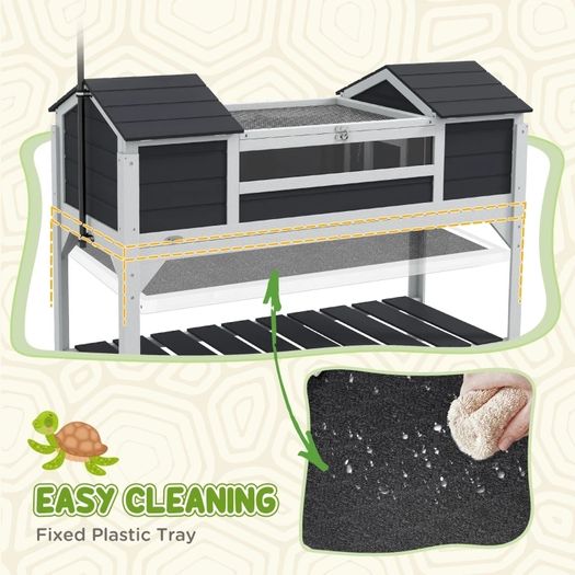 Wooden Tortoise Enclosure w/ Adjustable Lamp Holder, Openable Lid, Dual Main Houses, Storage Shelf, Fixed Tray - Grey