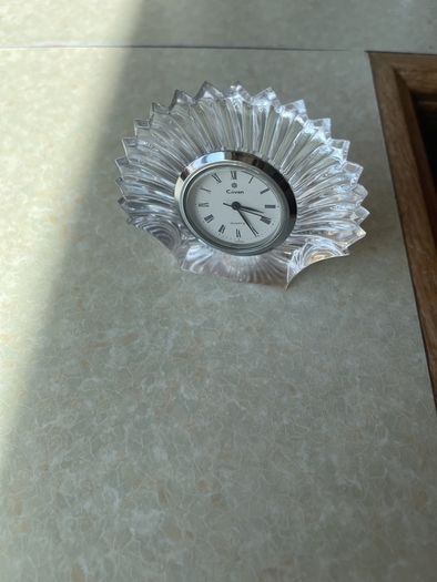 Vintage Stuart Crystal Dime Paperweight & Cavan Crystal Fan shaped clock