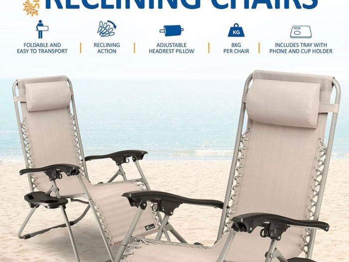 Set of 2 Sun Lounger Garden Chairs With Cup And Phone Holder - Deck Folding Recliner Zero Gravity Outdoor Chair MULTIPLE COLOURS AVAILABLE (FREE POSTAGE)