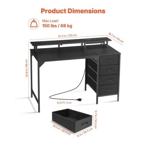 120 cm Computer Desk with Smart LED Lights and Power Outlets, Gaming Office Desk with 4 Large Drawers, Monitor Stand, Study Work for Home Office