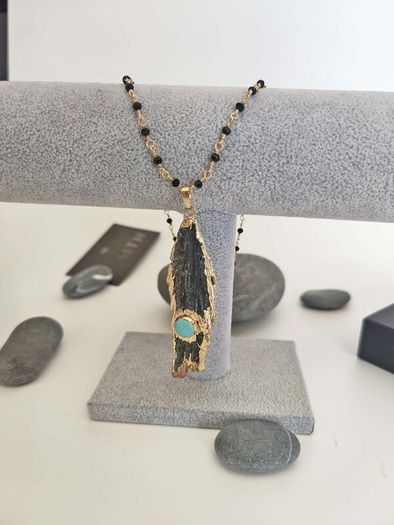 Necklace Black Kyanite With Black Beads Rosary Chain Unique Black