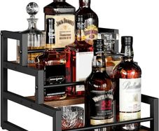 3-Tier Liquor Bottle Display Shelf, Syrup Organizer Stand, Wine Rack Countertop Storage Shelf Stand Liquor Cabinet for Home Mini Bar, Kitchen Coffee Station, Rustic Brown and Black