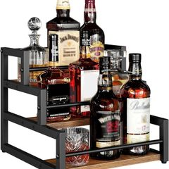 3-Tier Liquor Bottle Display Shelf, Syrup Organizer Stand, Wine Rack Countertop Storage Shelf Stand Liquor Cabinet for Home Mini Bar, Kitchen Coffee Station, Rustic Brown and Black