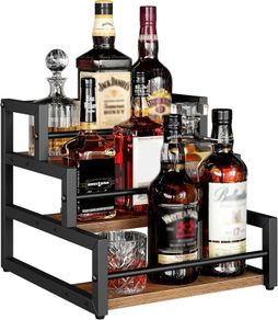 3-Tier Liquor Bottle Display Shelf, Syrup Organizer Stand, Wine Rack Countertop Storage Shelf Stand Liquor Cabinet for Home Mini Bar, Kitchen Coffee Station, Rustic Brown and Black