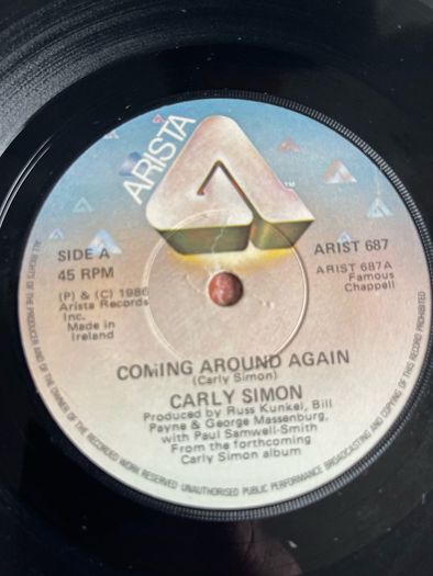 Carly Simon. Coming around again picture sleeve vinyl record single in vg+ condition