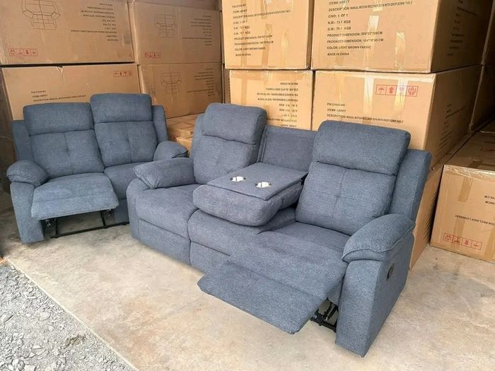 Hailey Biege & Slate Grey Fabric Recliner Sofa Set