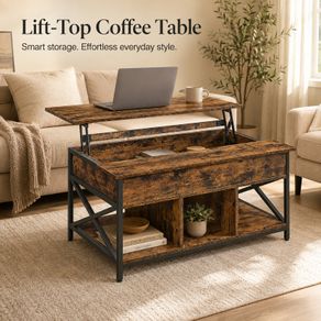 Lift Top Coffee Table with Hidden Storage and Shelves Rustic Brown and Black
