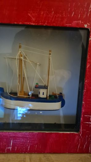 MODEL Fisfing Boat Trawler Framed Behind Glass. In Good Condition.