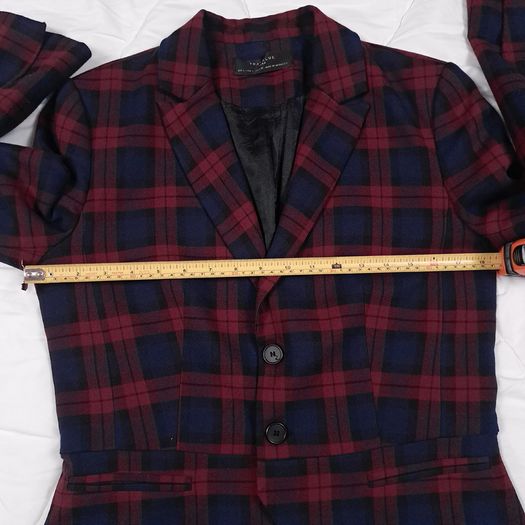 Zara Burgundy Red & Navy Blue Tartan Plaid Tailored Blazer Jacket Size L