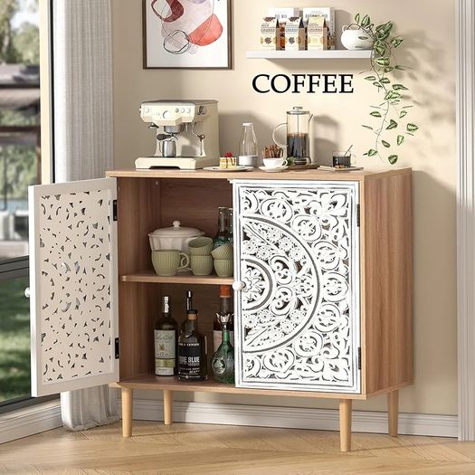 Wood Carving Sideboards for Living Room Cabinets Vintage Hollow Buffet Accent Cabinet with Adjustable Shelf, Magnetic Closure, Cupboard for Kitchen, Dining Room, Hallway 80 x 35 x 78 cm