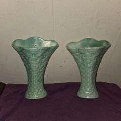 Matching pair of Burlington Ware Wall Pockets Basket Weave Design