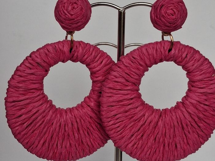 Hot Pink Raffia Woven Stud Hollow Out Woven Hoop Earrings