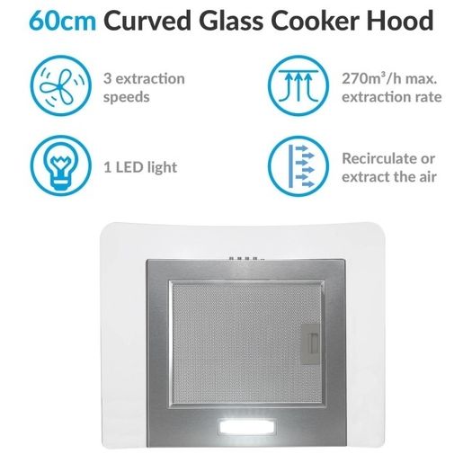 Cooker Hood 60cm Curved Glass and Stainless Steel