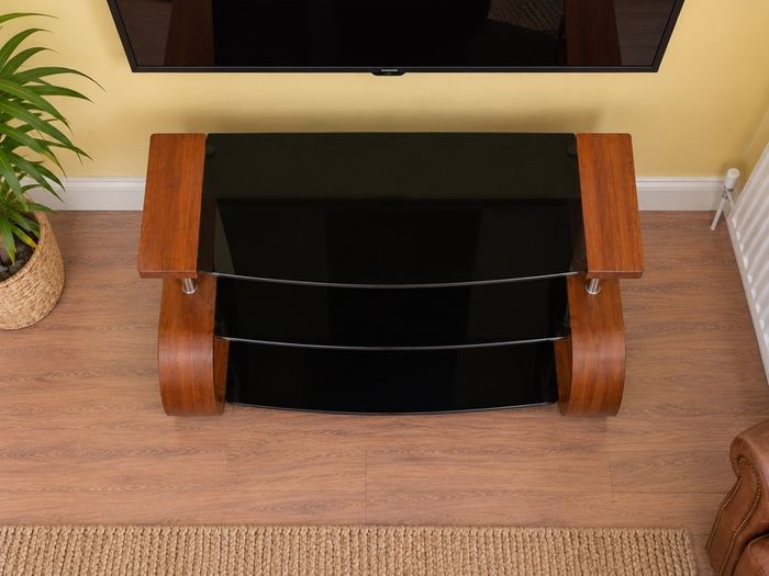 Modern Curved Wood & Black Glass TV Stand