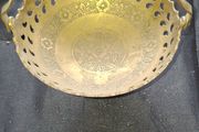 Beautiful Old Brass Trinket Basket featuring a swing handle, pierced shaped cutouts along the scalloped edge, and an engraved floral pattern, Postage Available