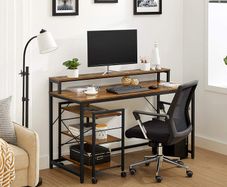 _Coumuter table, desk with monitor stand, with trolley, storage for documents, home office, study, industrial style,