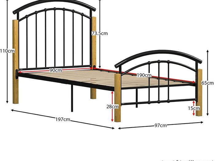 Venice Single Bed, 3ft Bed Frame Metal & Wood Solid Headboard Low Foot End Bedroom Furniture, Black