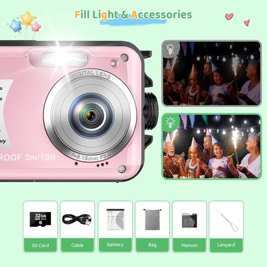 YISENCE YS812 Underwater Camera, Waterproof, 10FT, 1080P Full HD, 30MP, 16X Digital Zoom, 32GB Memory Card, Anti-Shake, Pink