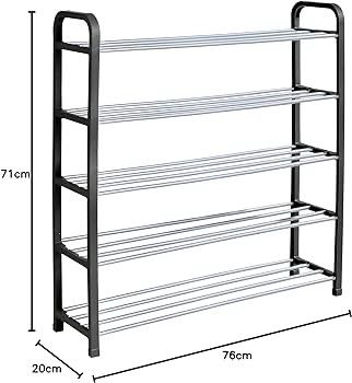 NEW SALE | 5 Tier Shoe Slots Rack - Space Saving Shoe Storage Organiser with Quick, Tool-Free Assembly - Shoe Slots Holds 15-20 Pairs - Dimensions (L) 75.5cm x (W) 18.5cm x (H) 75.5cm - Black