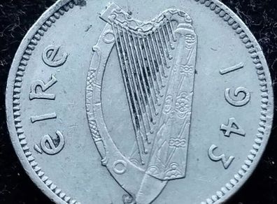 [#387] - Ireland 1943 | Irish 3p | Three Pence | Harp | KM.12