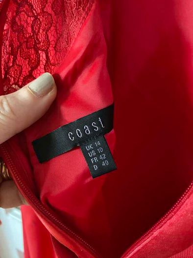 Coast dress, red with lace inset detail, Size 14, above-knee length, VGC