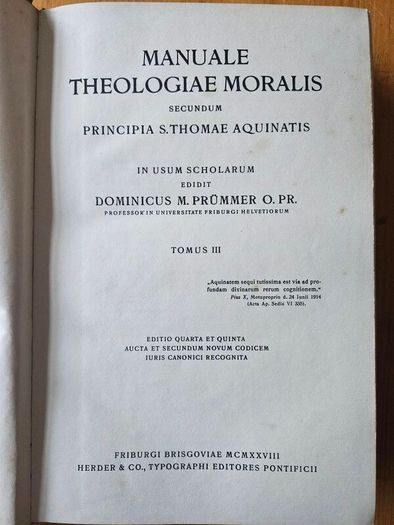 Manuale Theologiae Moralis. By Dom. M. Prummer O. Pr. First Edition Hardback In Good Condition.  See Photos For Same.
