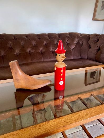 Vintage Tall Wooden Pinocchio Coin Bank with Lock and Keys Red Hand Painted Italy 29 cm