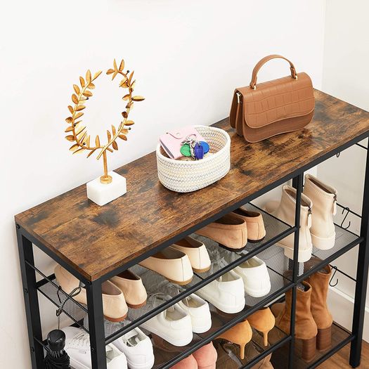 _shoe rack, for 14 pairs of shoes, for slippers, high heels, boots, in the entrance area, living room, bedroom, industrial style, vintage brown-black