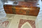 Antique Victorian Glove Box, Burr Walnut Domed Rounded Lid and ornate chased straps across the exterior. Items like this are frequently used for storing Jewelry, Trinkets, or Keepsakes, Postage Available or Collection