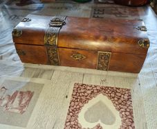 Antique Victorian Glove Box, Burr Walnut Domed Rounded Lid and ornate chased straps across the exterior. Items like this are frequently used for storing Jewelry, Trinkets, or Keepsakes, Postage Available or Collection