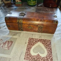 Antique Victorian Glove Box, Burr Walnut Domed Rounded Lid and ornate chased straps across the exterior. Items like this are frequently used for storing Jewelry, Trinkets, or Keepsakes, Postage Available or Collection