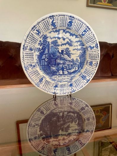 Vintage 1987 Calendar Plate English Blue and White Ironstone Rustic Wall Decor Retro Gift