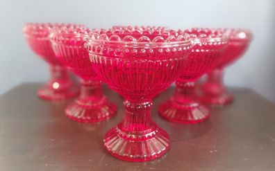 Fabulous Vintage Retro Set of Six Matching Red Sundae Glasses with a Relief Pattern Very Similar to the Very Popular Iittala Marimekko Maribowl Glasses in Cranberry - Perfect for Halloween