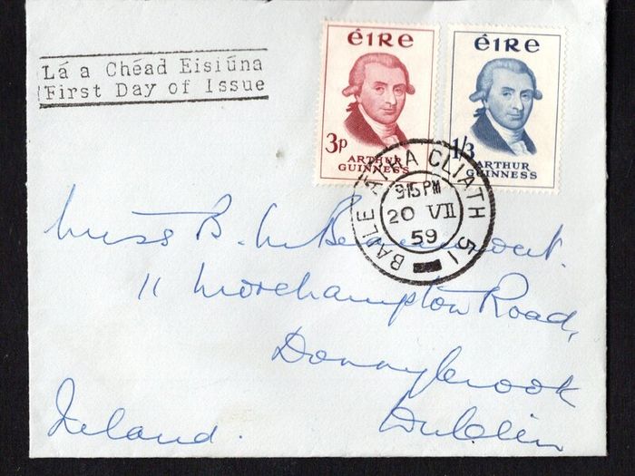 1959 Ireland Bicentenary of the Foundation of the Guinness Brewery in Dublin Commemorative Stamp First Day Cover (FDC) with Baile Atha Cliath (Dublin) steele cancel