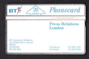 1991 United Kingdom 20 unit British Telecom Press Relations, London (Landis &amp; Gyr) Phone card.