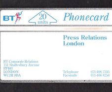 1991 United Kingdom 20 unit British Telecom Press Relations, London (Landis & Gyr) Phone card.