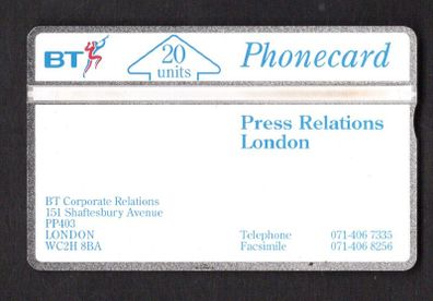 1991 United Kingdom 20 unit British Telecom Press Relations, London (Landis & Gyr) Phone card.