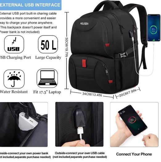 Extra Large Backpack for Men 50L,Lunch Backpack Work Bag Travel Laptop Backpack 17.3 Inch with USB Charging Port,Water Resistant Big Business Computer Rucksack for Men Women College School Black (FREE POSTAGE)