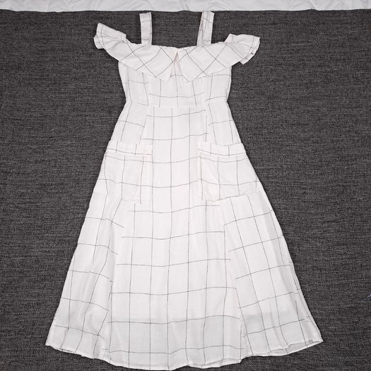 Mango White Black Grid Pattern Cold Shoulder Midi Dress Size XS