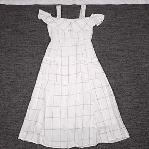 Mango White Black Grid Pattern Cold Shoulder Midi Dress Size XS